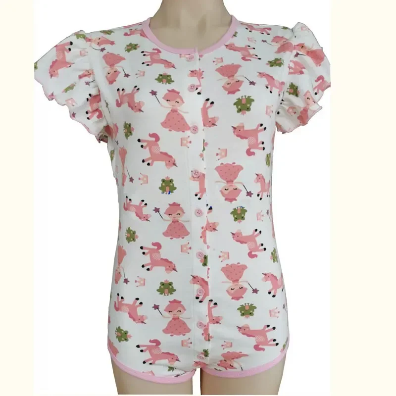 ABDL Adult Baby Diaper Bodysuit With Snaps Soft Cartoon Print Onesie Ruffles Round Neck Romper Playsuits Couple Home Clothing