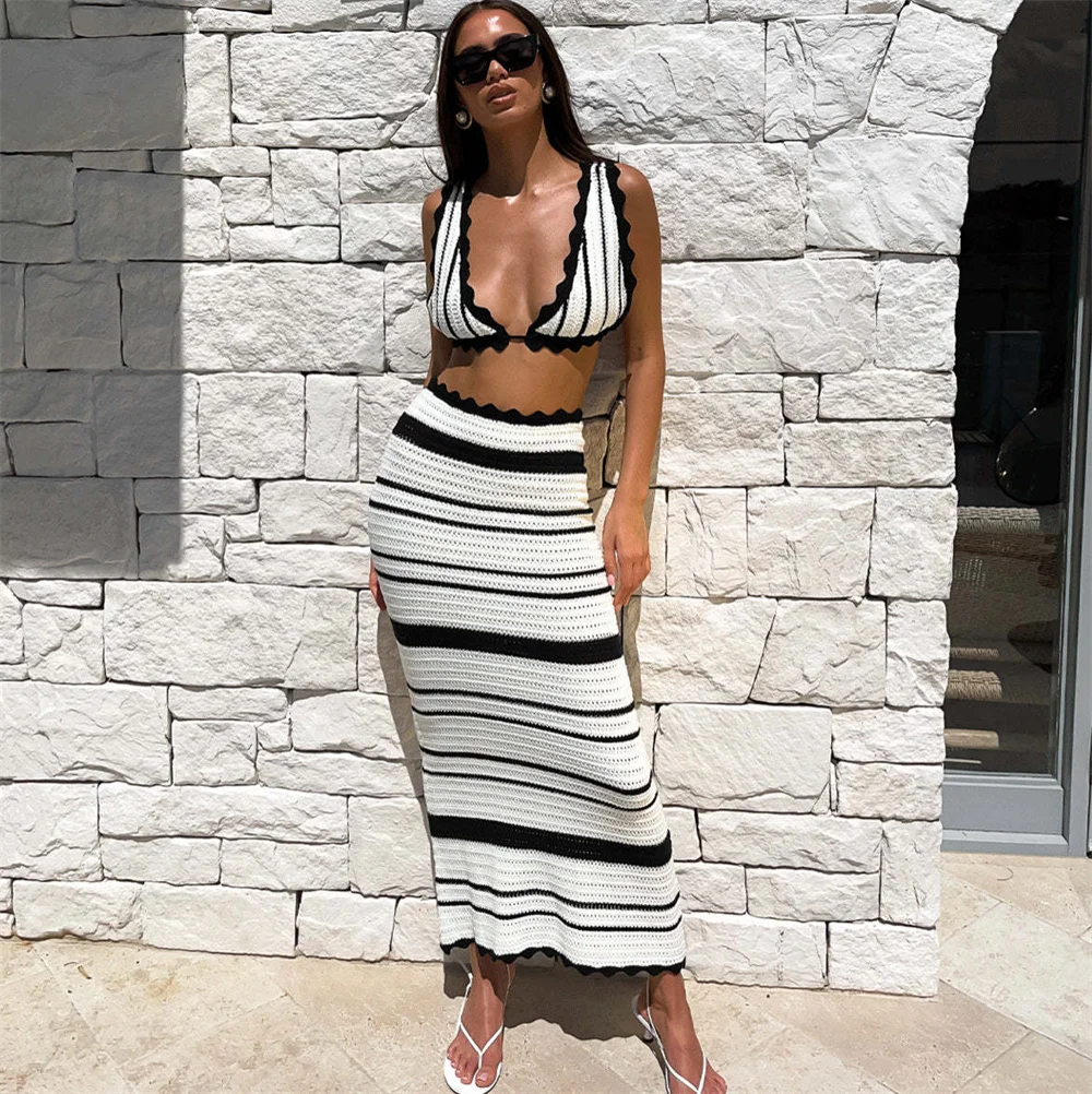 

Sexy Beach Knit Striped Skirt Set for Women Summer V-neck Backless Strap Lace Up Bikini Crop Tops and Long Skirt Lady Outfit