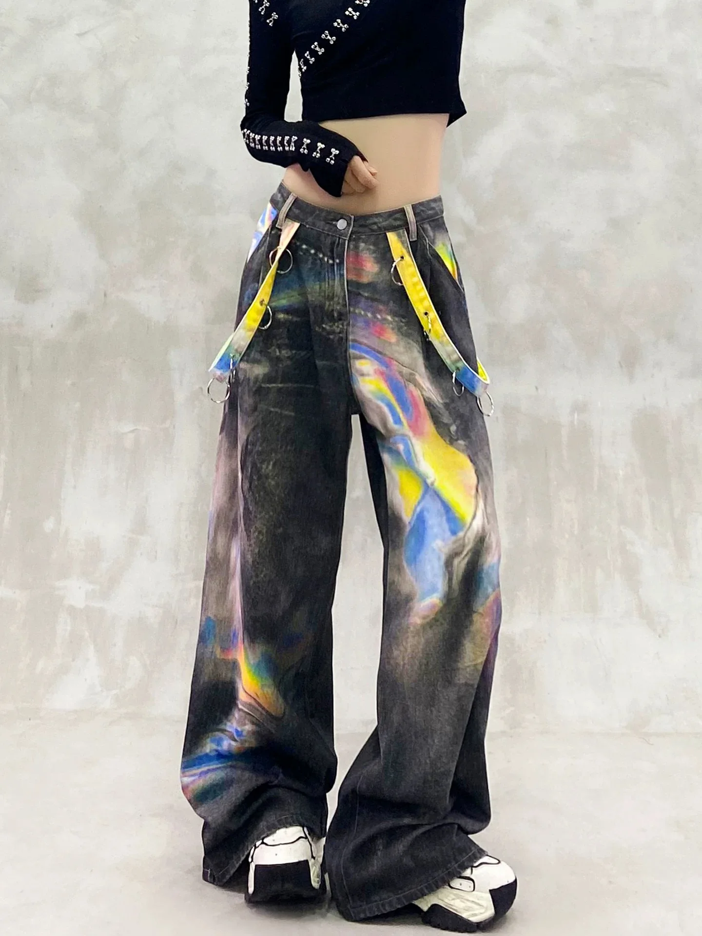 

Y2K разноцветные джинсы с принтом, женские джинсы с высокой талией, свободный крой, широкие летние утягивающие универсальные брюки длиной до пола