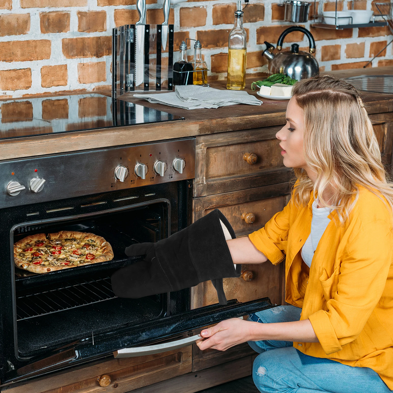 

Insulated BBQ Fire Resistant Welding Gloves Baking Grill Fireplace Oven Cooking Camping Cowhide Cotton Lining Heat