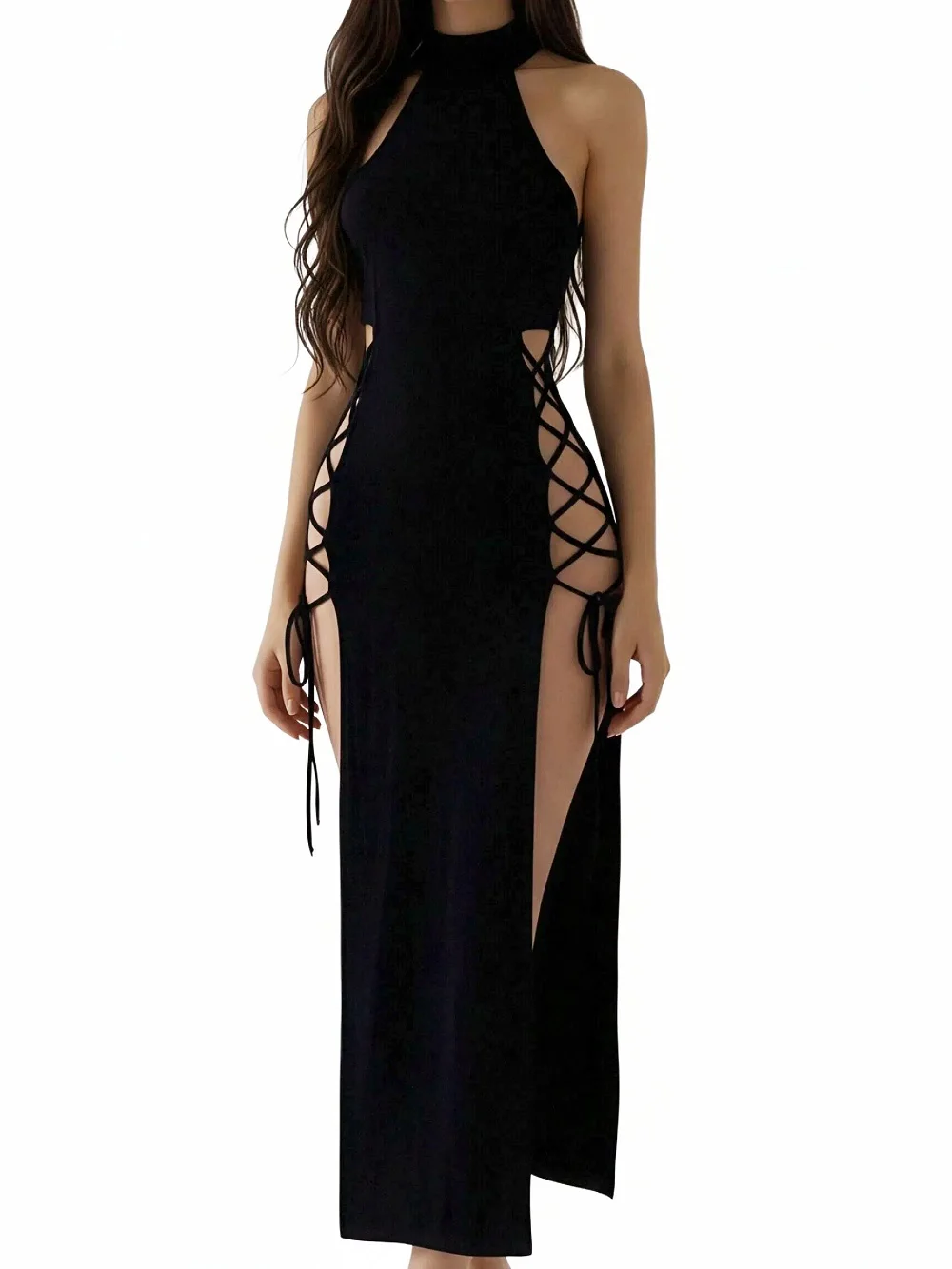 Sexy Women's Black Halter High Neck Bodycon Dress Lace Up Cut Out High Split Evening Party Club Wear 2025 Summer