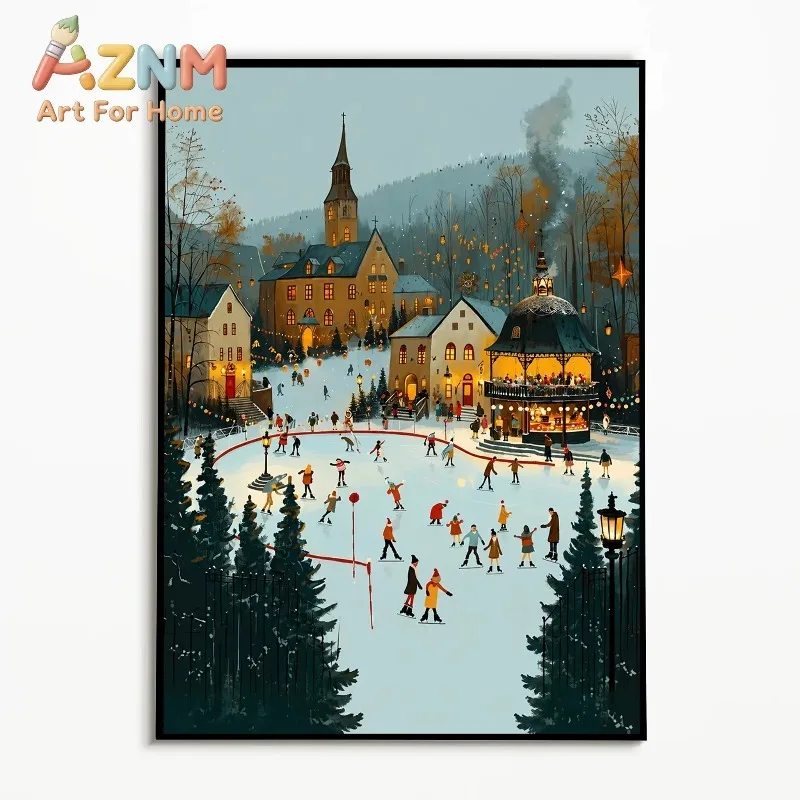 1PC Winter Ice‑Skating Town Art Poster Christmas Snow‑Scene Village Wall Art  Modern Canvas Printing Room Wall Decor Home Decor