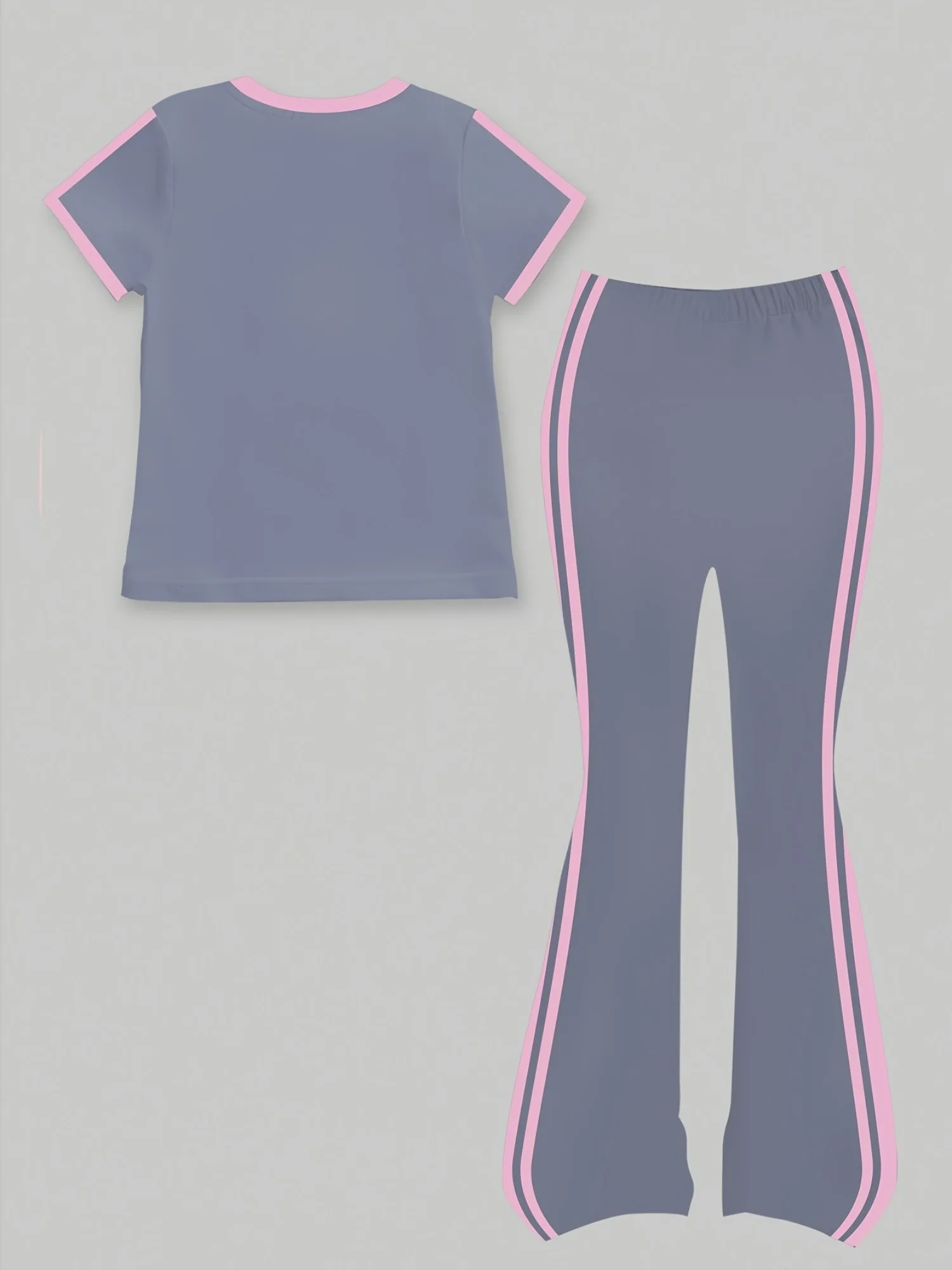 Trendy Girls 2Pcs Sweet Co-Ord Outfit, Grey Pink Ribbon Embroidery Short Sleeve Top, Dual Side Strip Flared Trousers for Daily K