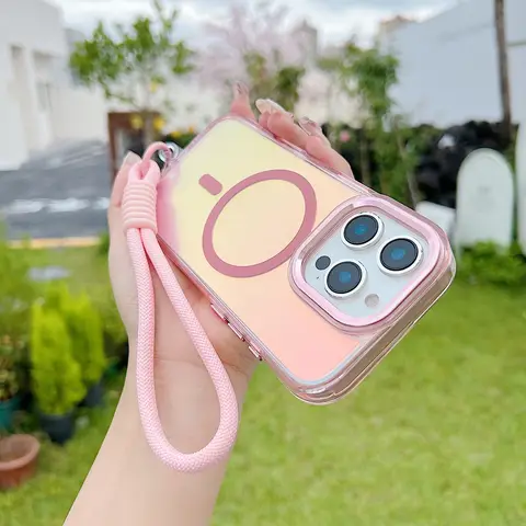 Fashion Laser Gradient Magnetic Lanyard Shockproof Case for iPhone 16 Pro Max 15 14 13 11 12 Pro Max 16Plus 16E Protection Cover