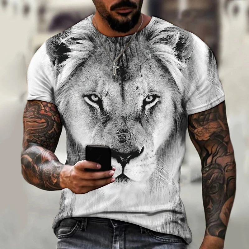 Verão masculino em torno do pescoço camiseta moda impressão 3d leão padrão camiseta moda lazer tendência novo topo rua moda harajuku