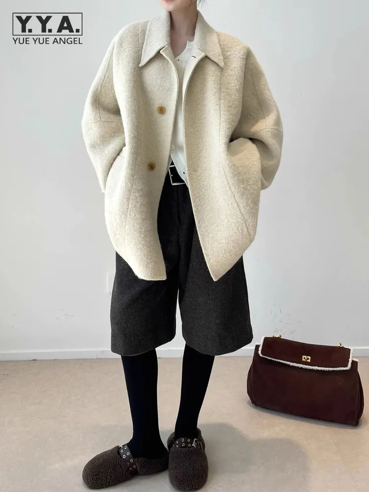 

Korean Style Winter Lady Fashion Single Breasted Woolen Long Coat Loose Fit Turn Dow Collar Windbreakers Batwing Sleeve Overcoat