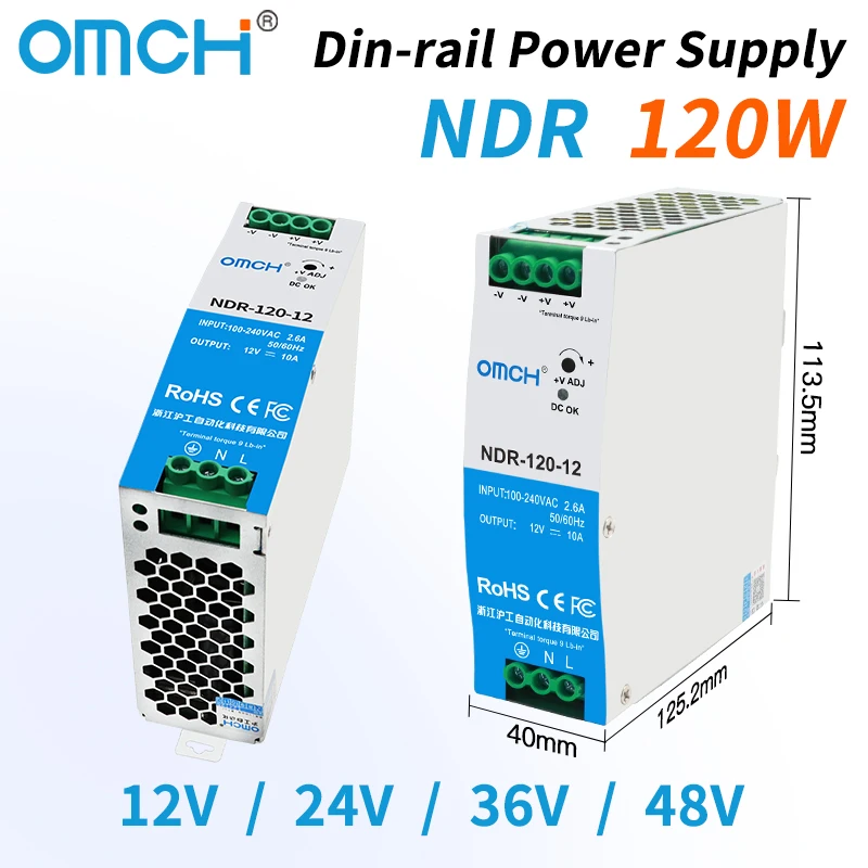 

Серия OMCH NDR 120 Вт NDR-120-12 NDR-120-48 Импульсный источник питания переменного тока в постоянный ток на DIN-рейку Вход 100-240 В переменного тока Выход 12 В/24 В/36 В/48 В