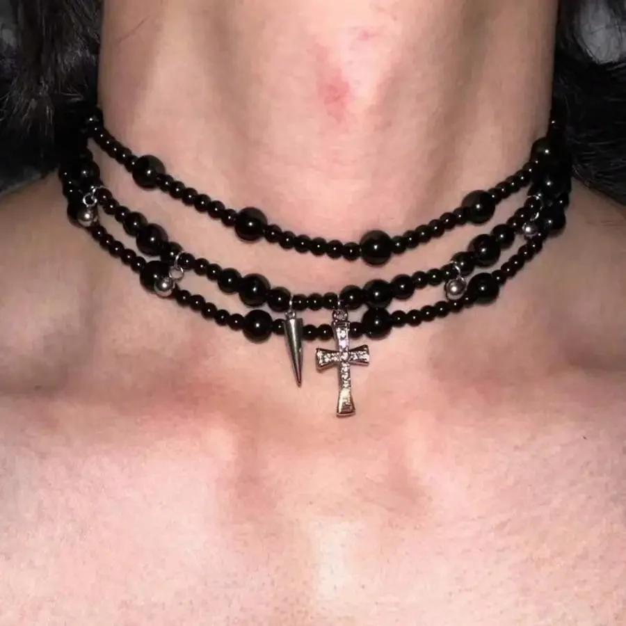 

Black Multi-Layer Beaded Cross Choker Necklace Gothic Punk Fashion Retro Accessory