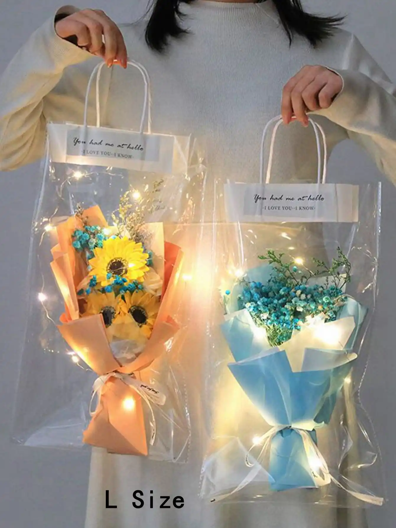 5pcs Simple Transparent Flower Tote Bag, Flower Gift Decoration Tote Bags, Single Bouquet Opp Bag Romantic Gift Bag For Lovers