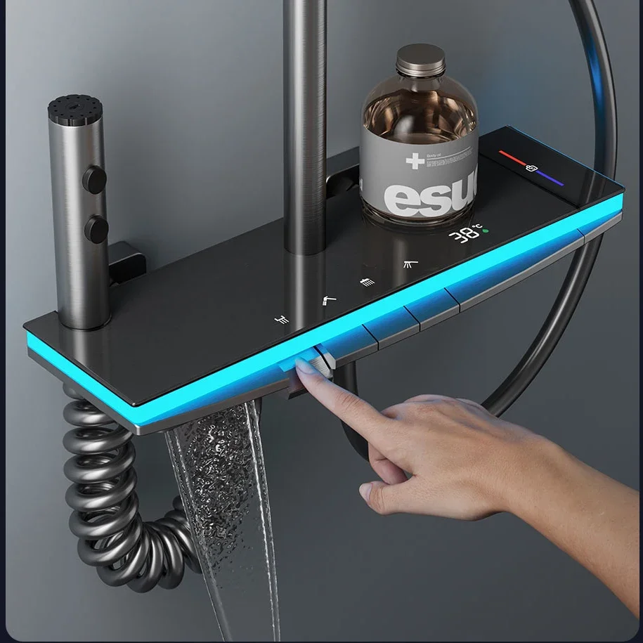 Hot Cold Piano Digital Shower Set 12 Inch Rainfall Shower Head Brass Bathtub Mixer Faucet Thermostatic Bathrooom Shower System