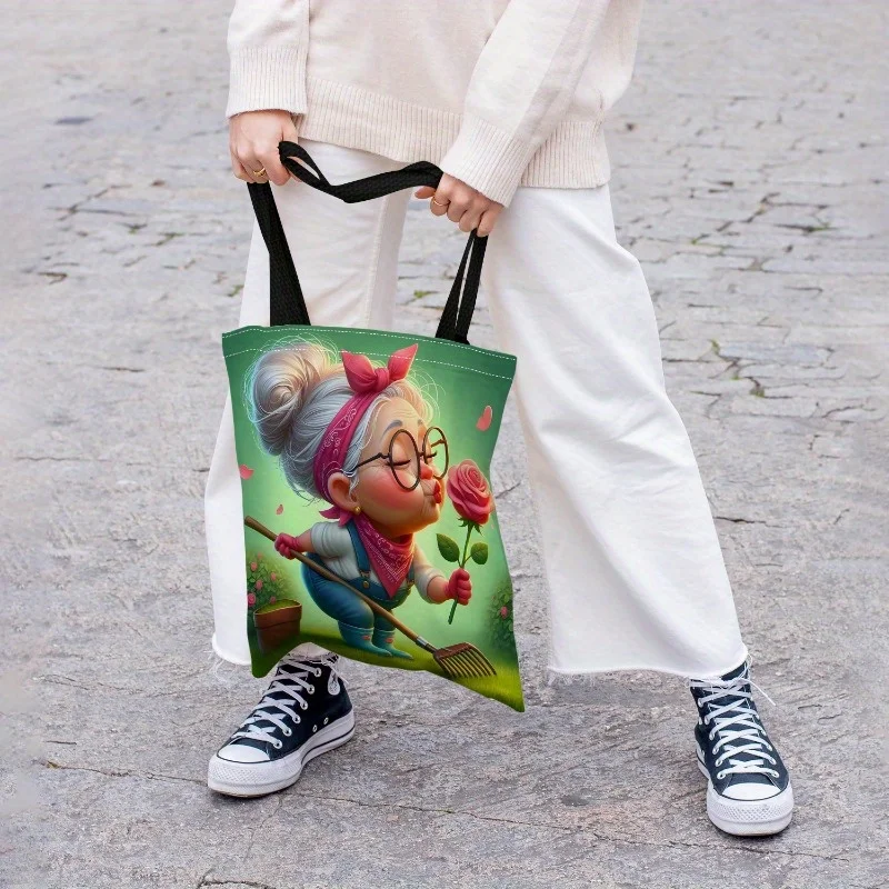 1pc Fun Granny Kiss Floral Print Canvas Tote - Fashionable, And Easy Shoulder Bag Featuring a Playful Grandma Design