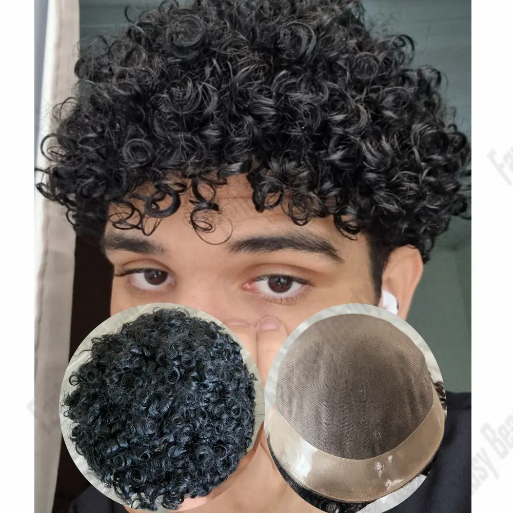 

15mm/12mm Afro Curly Black Blonde Brown Toupee Man Human Hair Mono Lace&NPU Toupets for Men Hair Capillary Prosthesis System