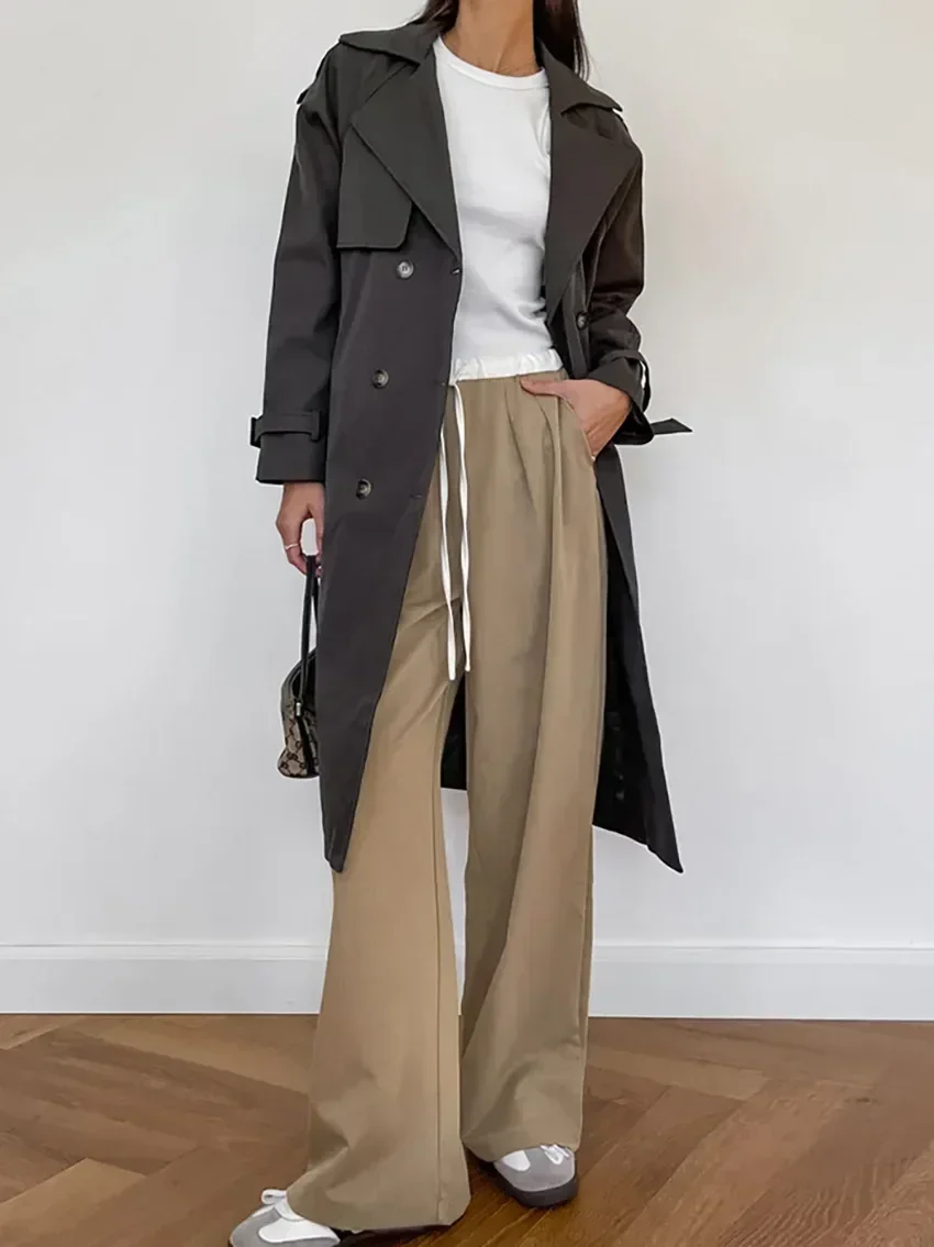 Gray Pleated Patchwork Drawstring Pants Summer 2024 High Waist Floor-Length Baggy Trousers Office Ladies Khaki Pants