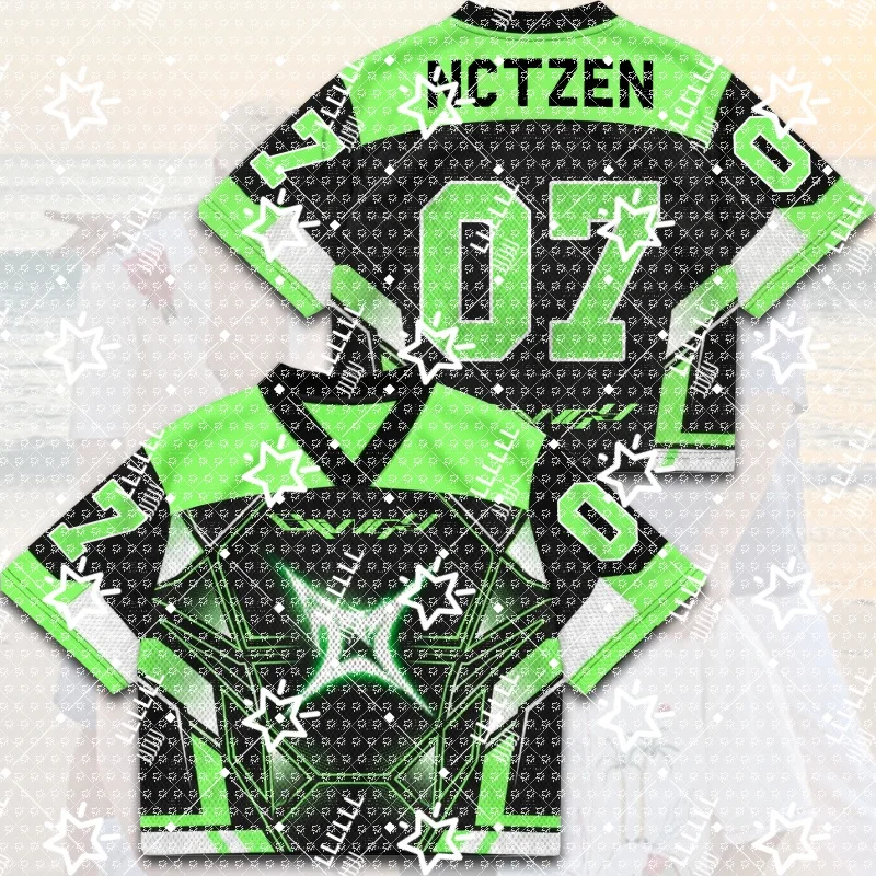 Women K-Pop Cropped Football Jersey Black Neon Green White Geometric Star Print Number  V-Neck Short Sleeve Crop Top Streetwear