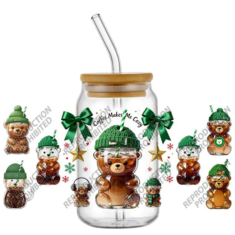 

Cute Coffee Bear Cozy Vibe UV DTF Cup Transfer Stickers for Tumbler 9.4*4.3inch Size Decorated Vinyl Decals for Libbey Can Mugs