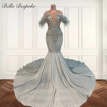 เงินปิดไหล่ชุดราตรียาวสําหรับสาวสีดําลูกปัดคริสตัลชุดราตรี Feathers 2024 วันเกิดหรูหราชุดที่กําหนดเอง