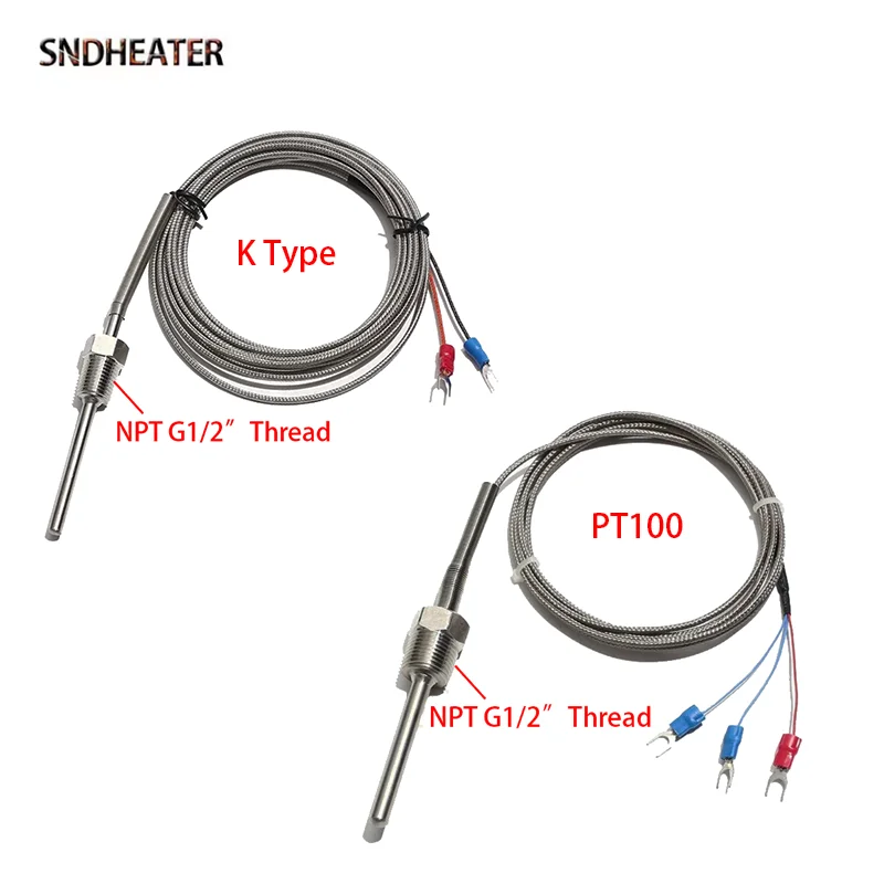 

SNDHEATER K Тип PT100 Датчик термопары NPT G1/2" Регулируемый зонд из нержавеющей стали с резьбой 6x50/100/150/200 мм Провод 1/2/3/4/5 м