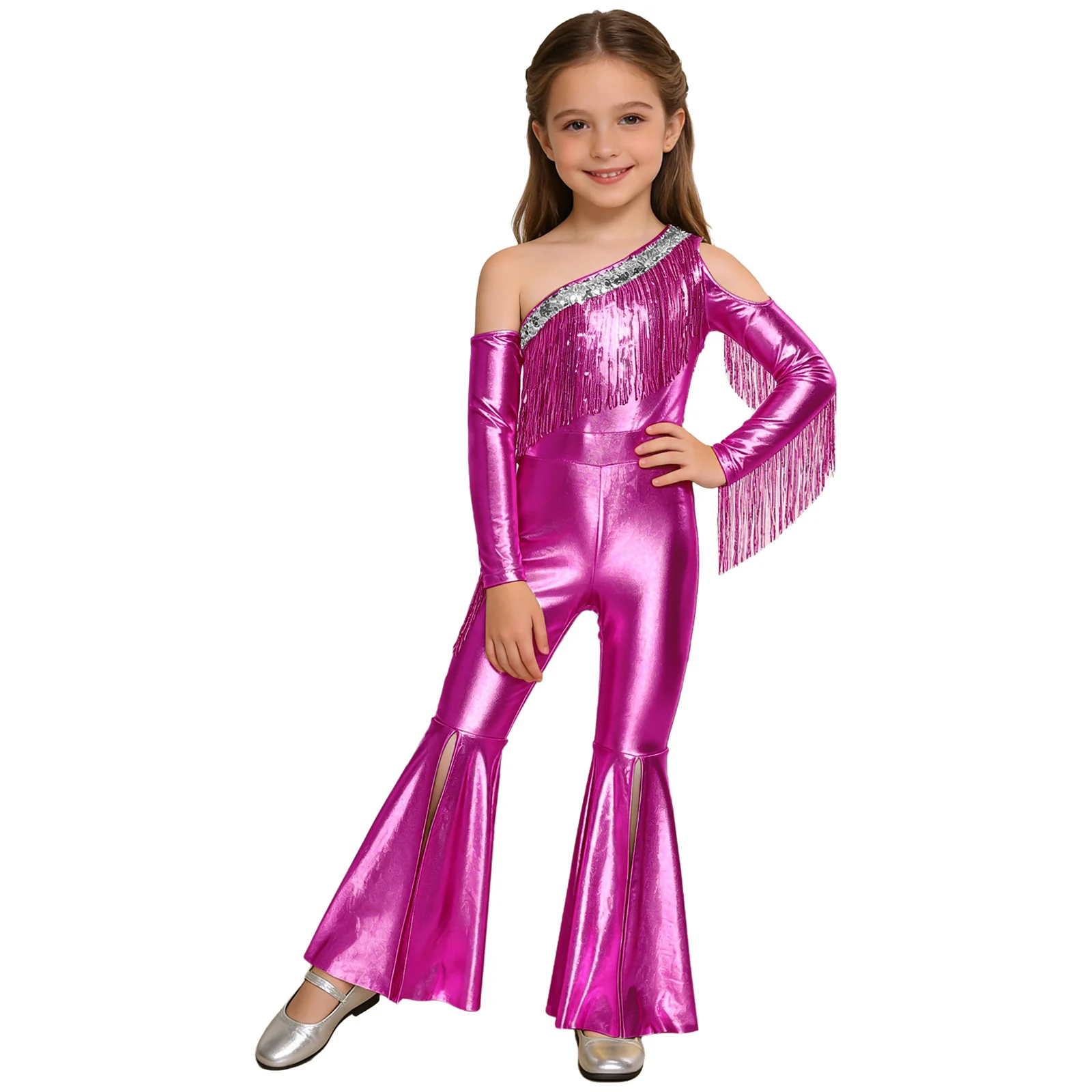 

Kids Girls Jazz Disco Dance Rompers Fashion Metallic Shiny Off Shoulder Long Sleeve Sequin Tassel Slit Bell Bottom Legs Jumpsuit