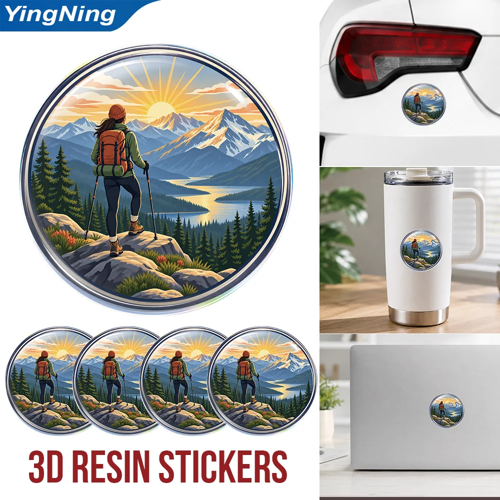 Woman Hiking Mountain Sunrise Adventure 3D Epoxy Resin Car Stickers Waterproof Domed Car Decals for Laptop Tumbler Water Bottle