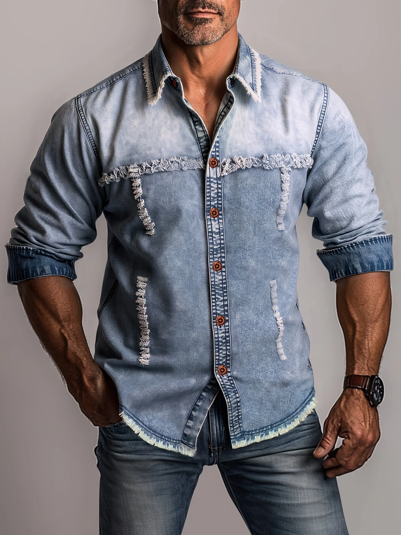 

Новая осенняя мужская джинсовая рубашка, американская винтажная потертая джинсовая рубашка в тяжелом весе, весенне-осенний стиль спецодежды, потертый мульти