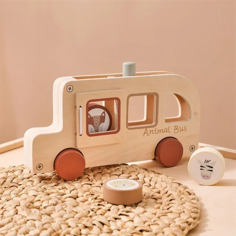 

Wooden Material Wooden Bus Toy Animal Figures Hand-eye Coordination Hand-pushed Car Fine Motor Skills Cylinder Blocks