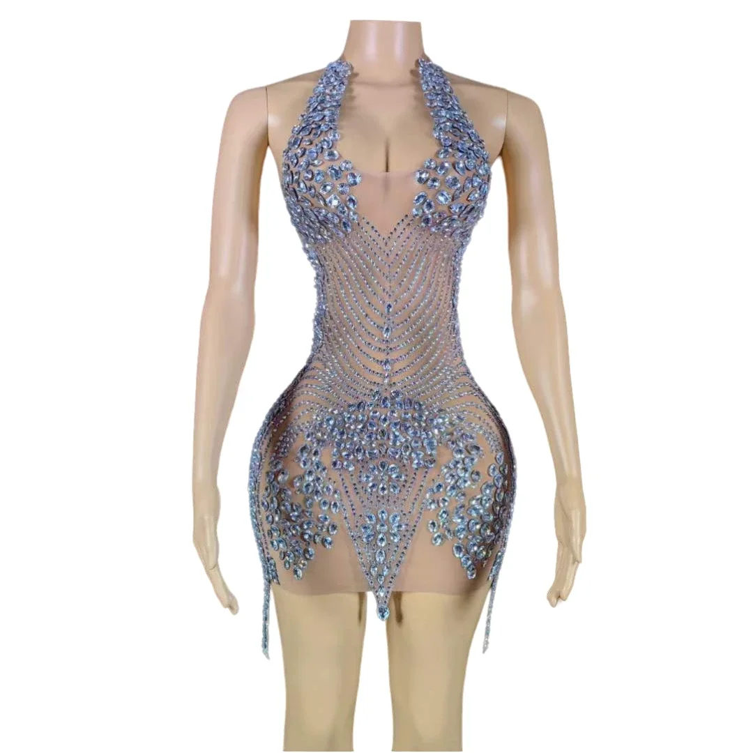 

Women Birthday Evening Night Club Bar Stage Wear Party Outfit Singer Performance See Through Sexy Rhinestone Sparkly Dress