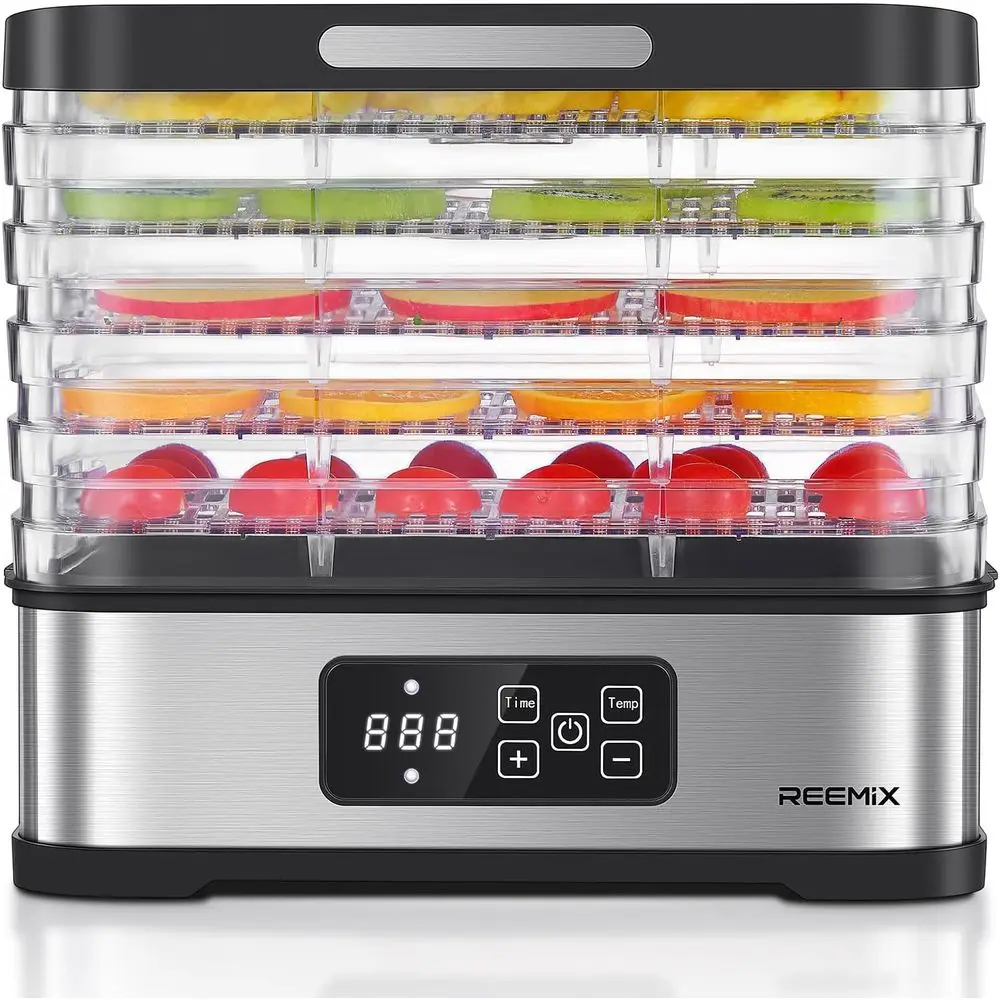 

5-Tier Compact Food Dehydrator - BPA-Free Trays, Stainless Steel Base, Touch Control LCD Display for Temperature/Time Adjustment