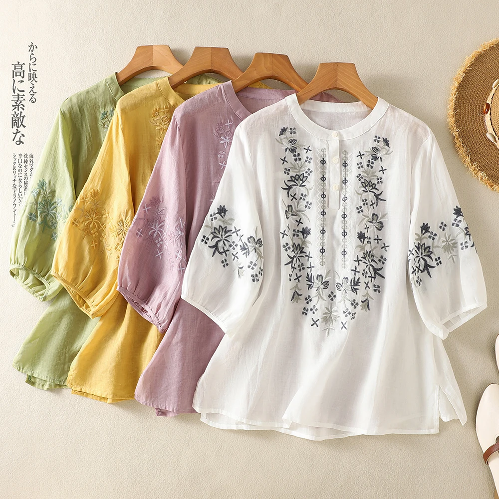 Blusa de Algodón para Mujer en Blanco, Rosa, Amarillo y Verde, Estilo Boho, Bordado Floral, Botones, Elegante, Manga Corta, Informal