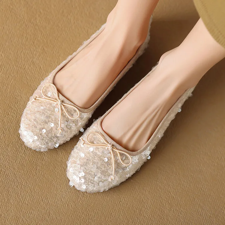 Apricot Sequined Women Shallow Flats Round Toe Casual Ballerine Shoes Shine Black Prom Party Moccasins Femmes Lady Ballets