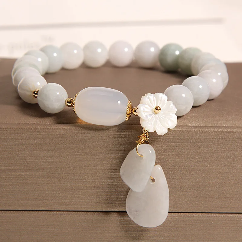 Handmade Natural Jade Bracelet for Women with Shell Flower Water Drop Pendant Bestie Bracelet Gifts