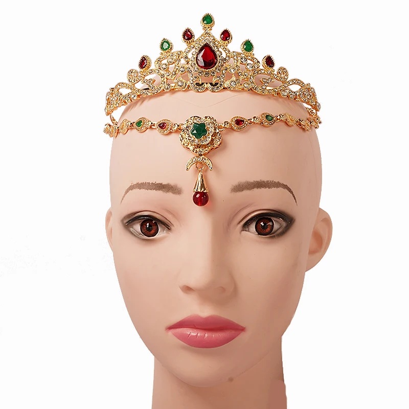 คำงานแต่งงานอุปกรณ์เสริมผมทองมงกุฎโมร็อกโกเจ้าสาว Headpiece Rhinestone มุสลิมผู้หญิงแถบคาดศีรษะโลหะแต่งงานของขวัญ