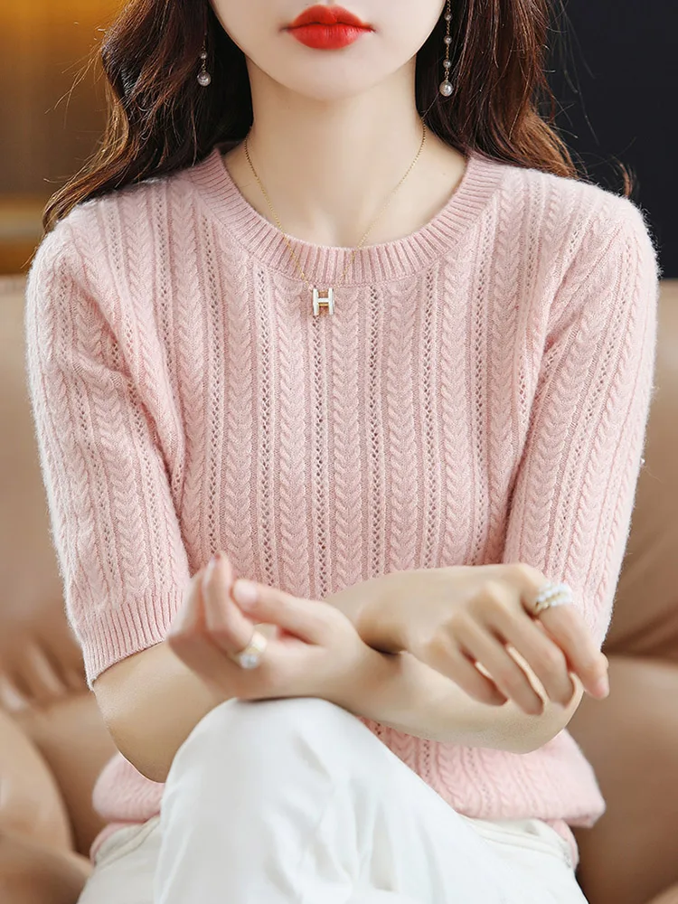 ADDONEE  Women Summer T-shirt Half-sleeve Hollow O-neck Pullover Sweater 100% Merino Wool Knitwear Office Lady Clothing Cashmere