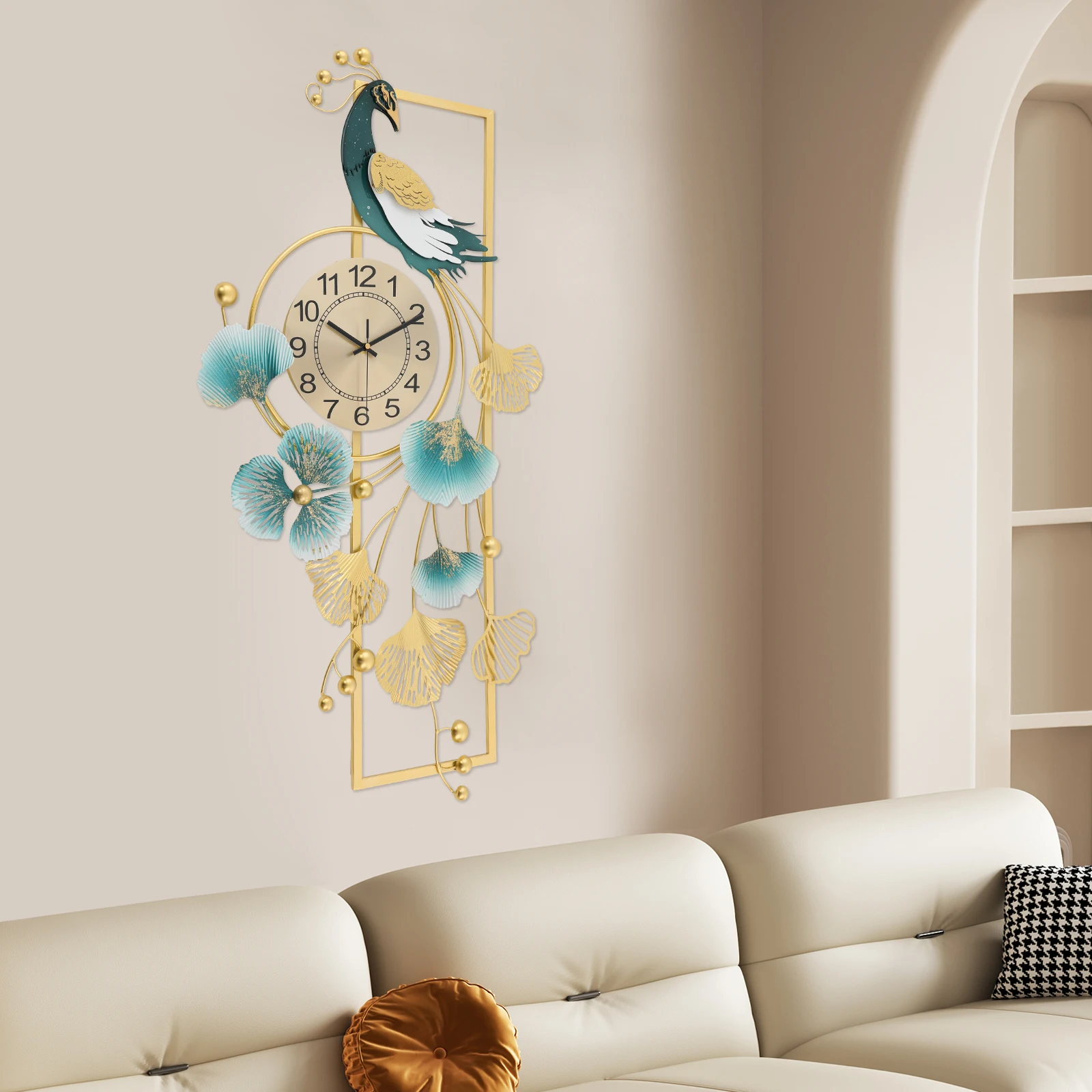 Large Peacock Wall Clock for Living Room Decor,Decorative Big Wall Clocks Non-Ticking Silent Luxury Peacock Clock for DiningRoom