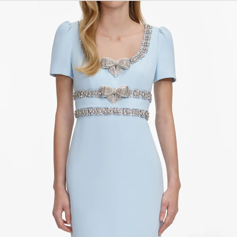 Pale Blue Scoop Collar Short Sleeve Evening Dress Fashion Crystal Bow Straight Ankle Length Prom Gown Party Dress Customized image 4