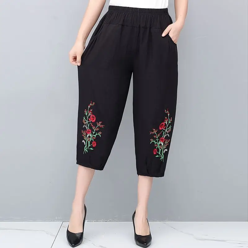 

Women Summer Simplicity Cotton and Linen Loose High Waist Cropped Pants Women Clothes Casual Embroidered All-match Trend Pants