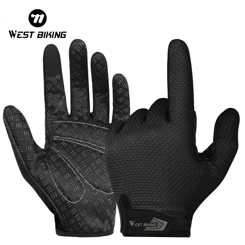 WEST BIKING Summer Cycling Gloves MTB Full Finger Bike Gloves Touch Screen Non-Slip Silicone Palm Rest Driving Riding Gloves