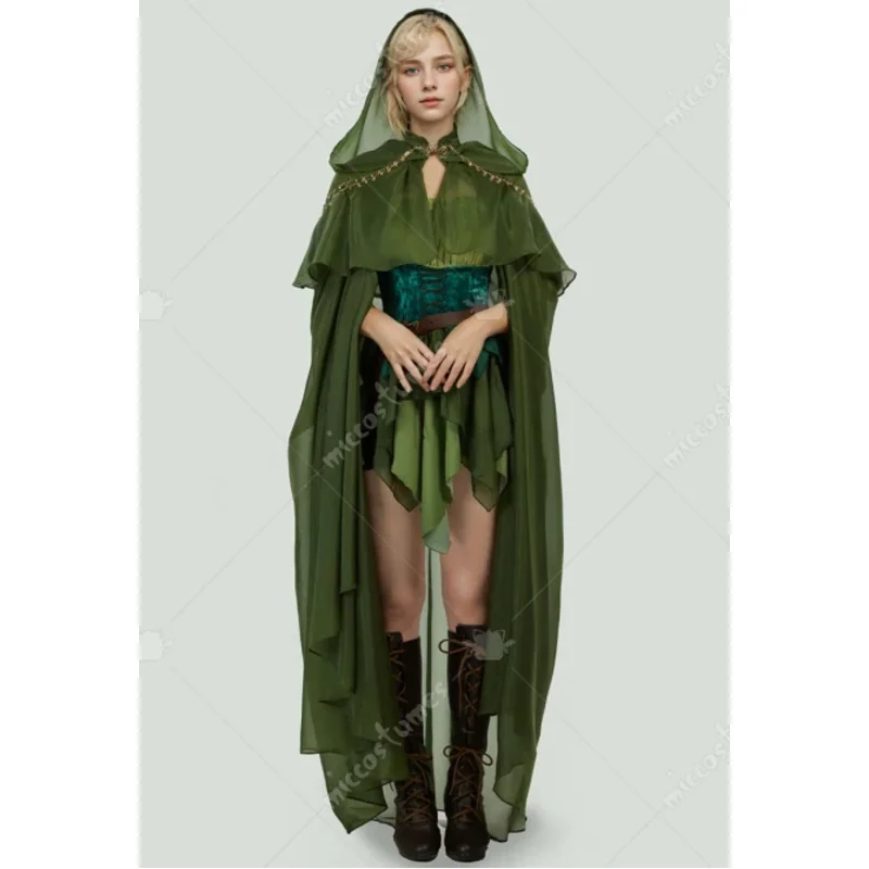 

Women's Medieval Elegant Princess Elf Cosplay Costume Cloak Embroidered Satin Collar Green Cape with Hood Costume Party Dress