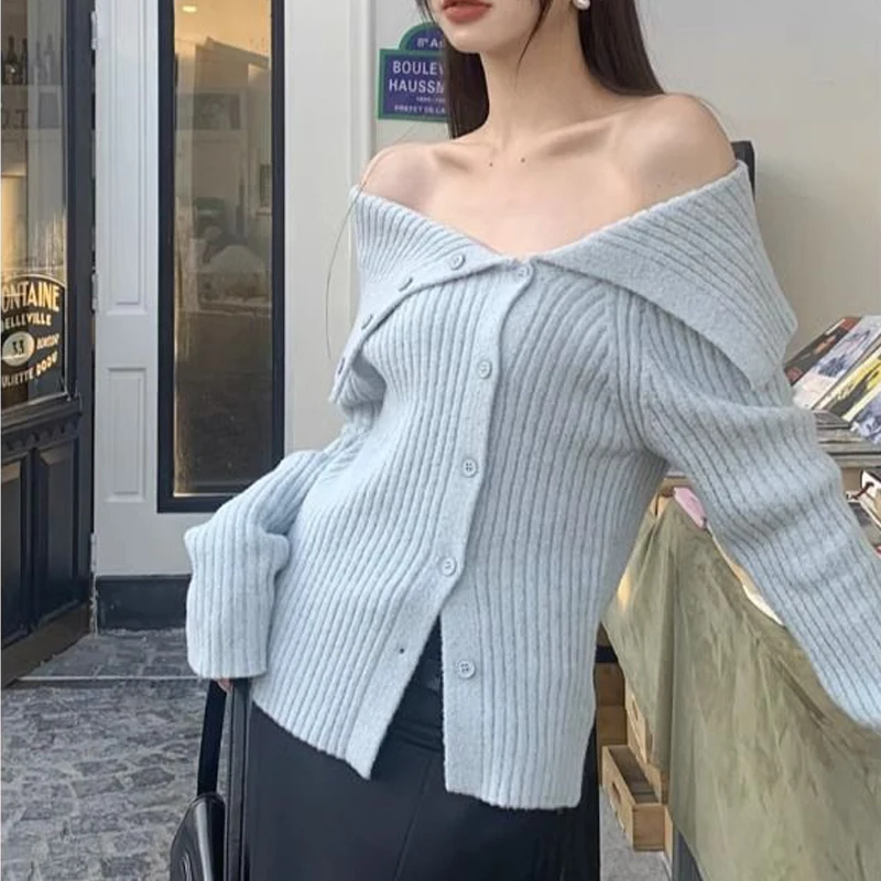 Women Sexy Off Shoulder Chic Sweet Y2K Asymmetrical Rib Knitted Sweater Korean Fashion Casual Solid Slim Long Sleeve Outerwears