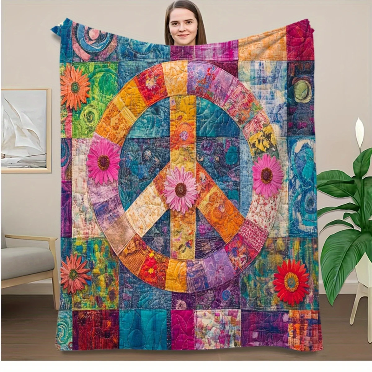 Vibrant Peace Sign Print Patchwork Quilt, Colorful Floral Polyester All-Season Throw for Sofa Bed, Home Decor & Gift