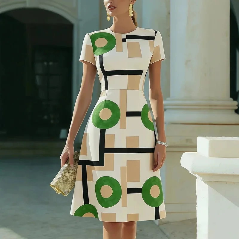 Retro Abstract Geometric Pattern Short Sleeve O Neck Fitted Midi Dress Women Summer New Sophisticated Elegant A Line Dresses