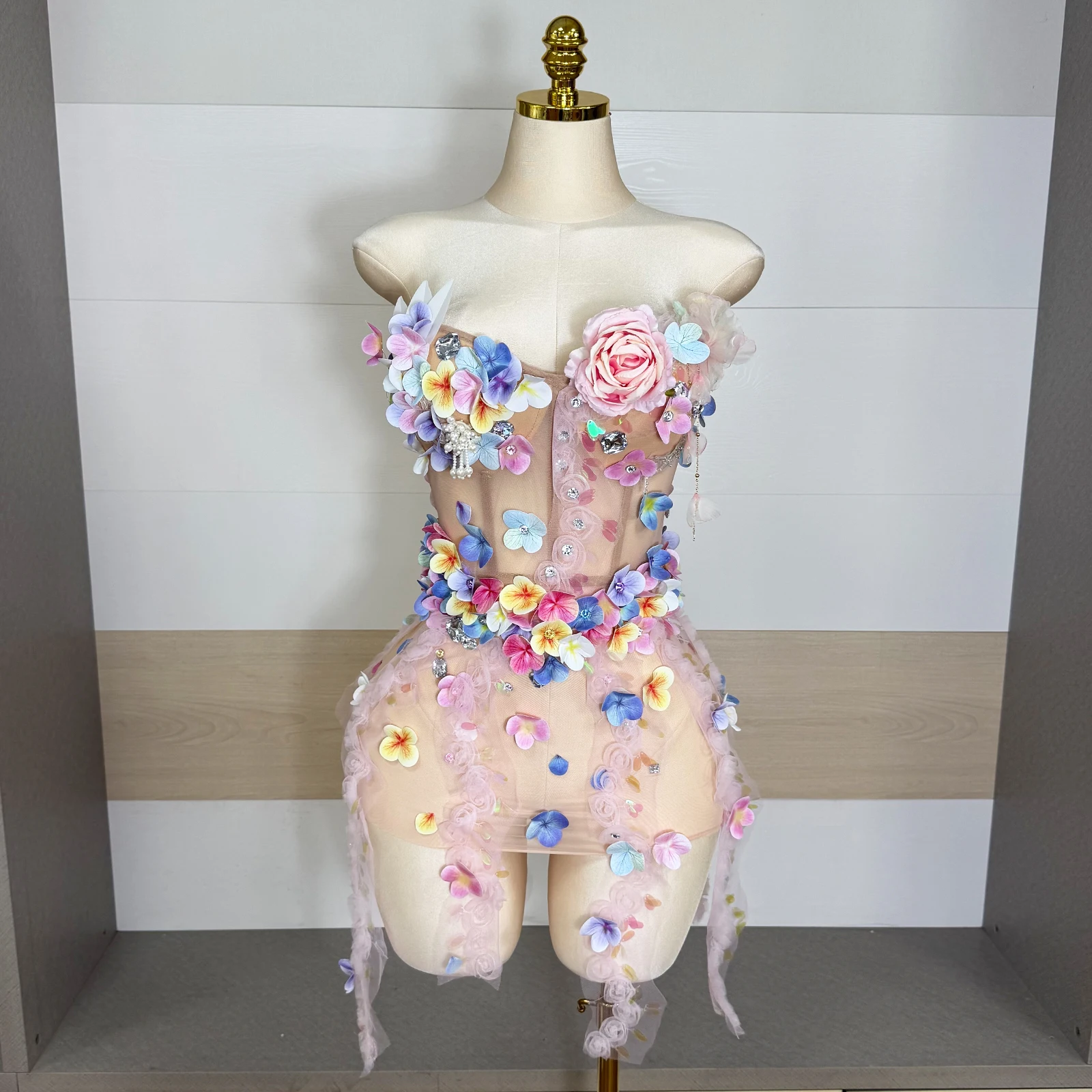 Strapless Sheer Mesh Colorful Flower Mini Dress Floral Petal Tulle Singer Nightclub Drag Queen Fairy Stage Performance Costume