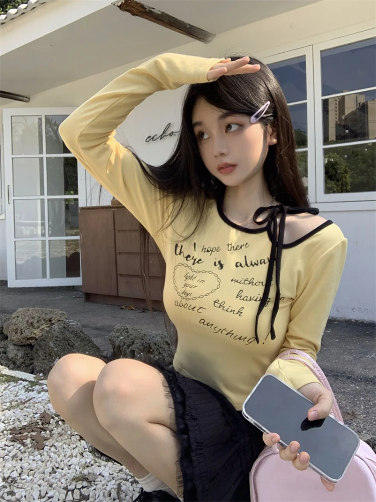 T-shirts Women Summer Daily Simple Youthful Cute Long Sleeve O-neck Shinny Chic All-match Students Korean Style Tender Creative