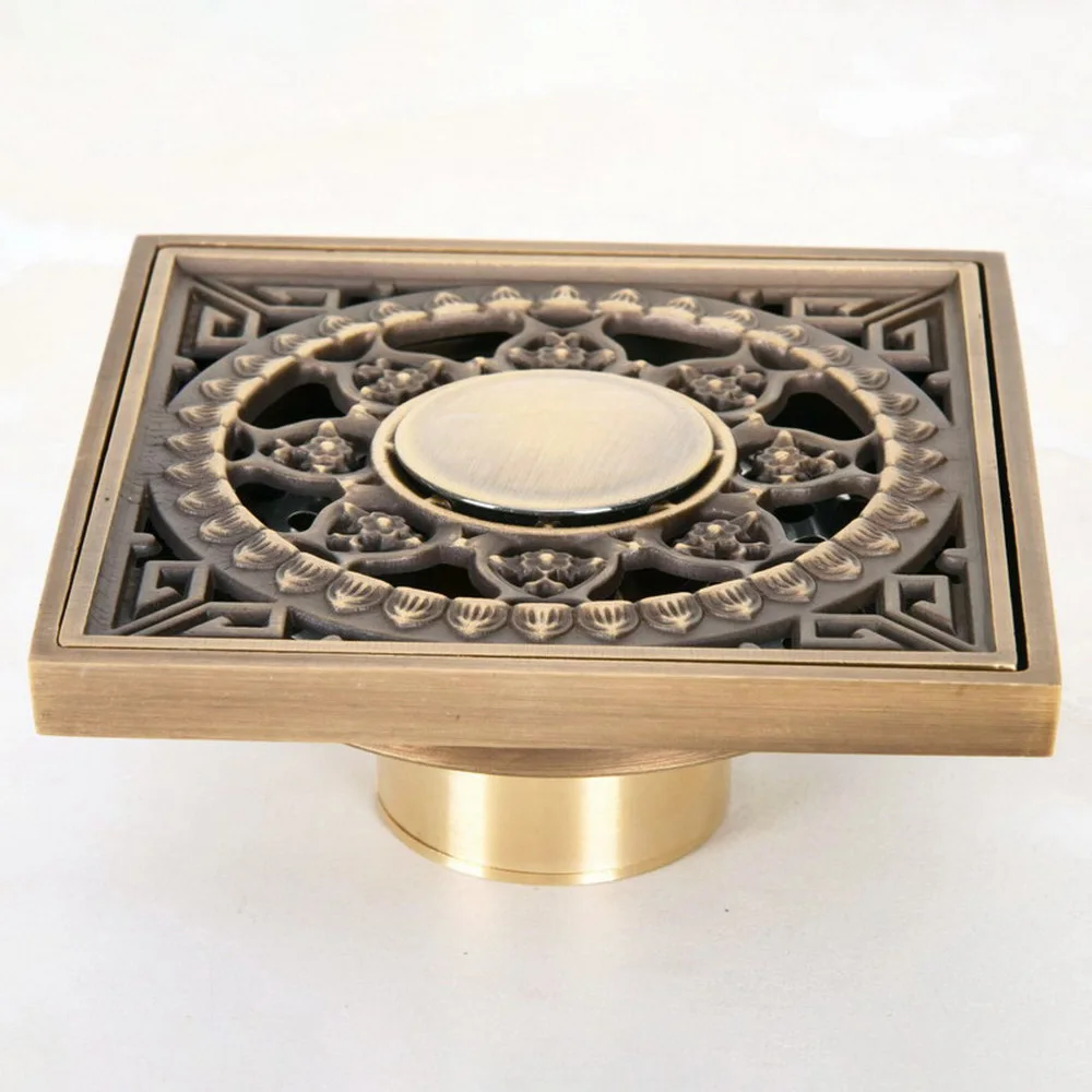 Square Antique Brass Shower Drain Hair Strainer Art Carved Bathroom Accessories Waste Grate Floor Drain Cover Khr052