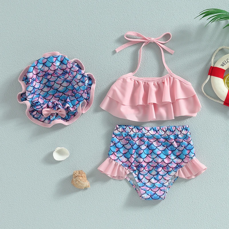 0-4Y Summer Baby Swimsuits Girls Bikini Sets Halter Ruffle Beach Tops Shorts Bathing Suit Kids Swimwear Toddler Baby Beachwear