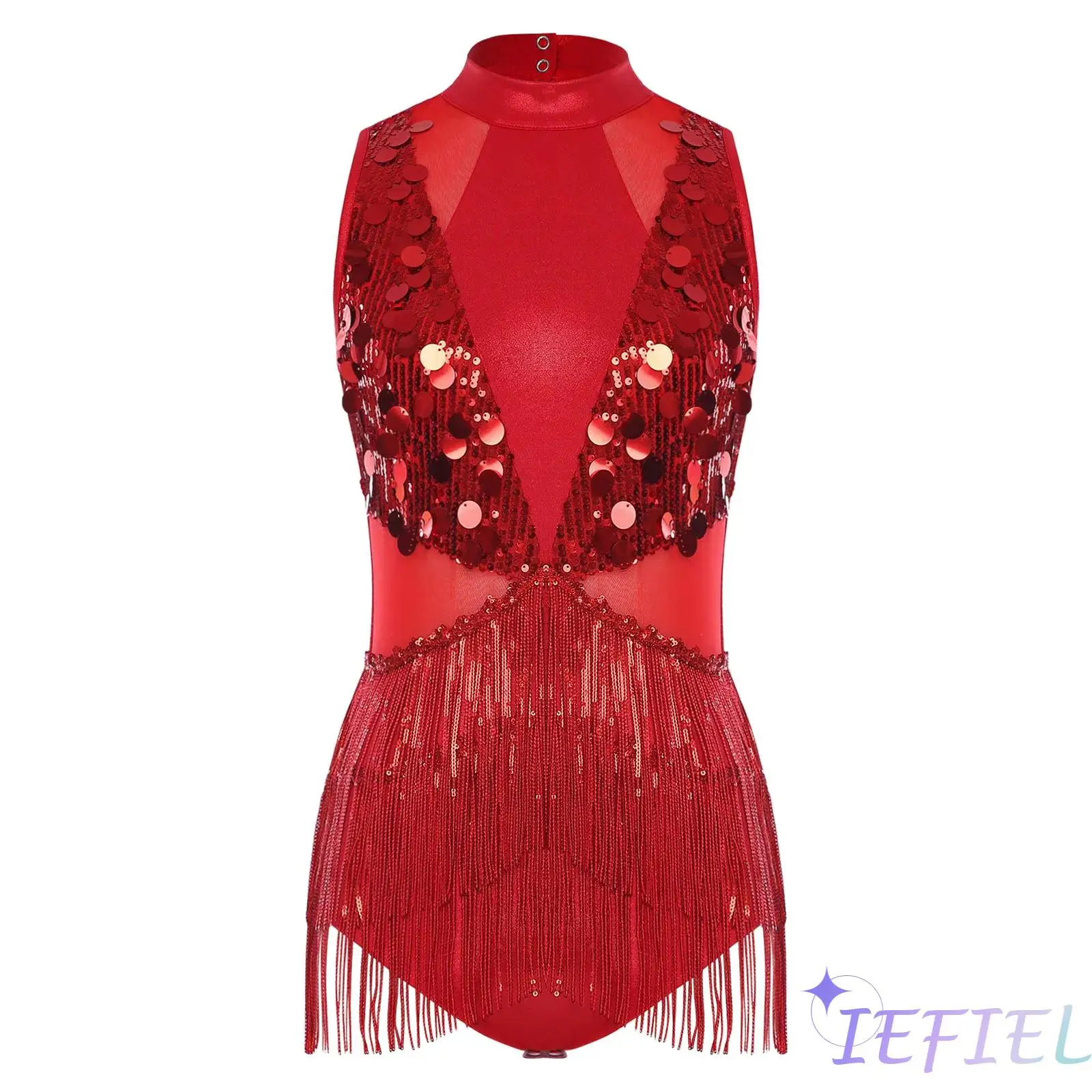 

Women Latin Chacha Dance Leotard Sequin Tassel Sleeveless Back Cutout Metallic Shiny Patchwork Bodysuit for Jazz Figure Skating