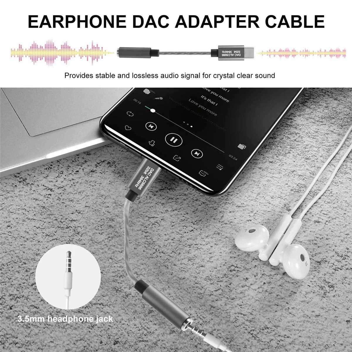 Adaptador USB tipo C a 3,5mm para auriculares, conector DAC de 32 bits y 384KHz, ALC5686 Realtek, para teléfono inteligente SAMSUNG (gris)