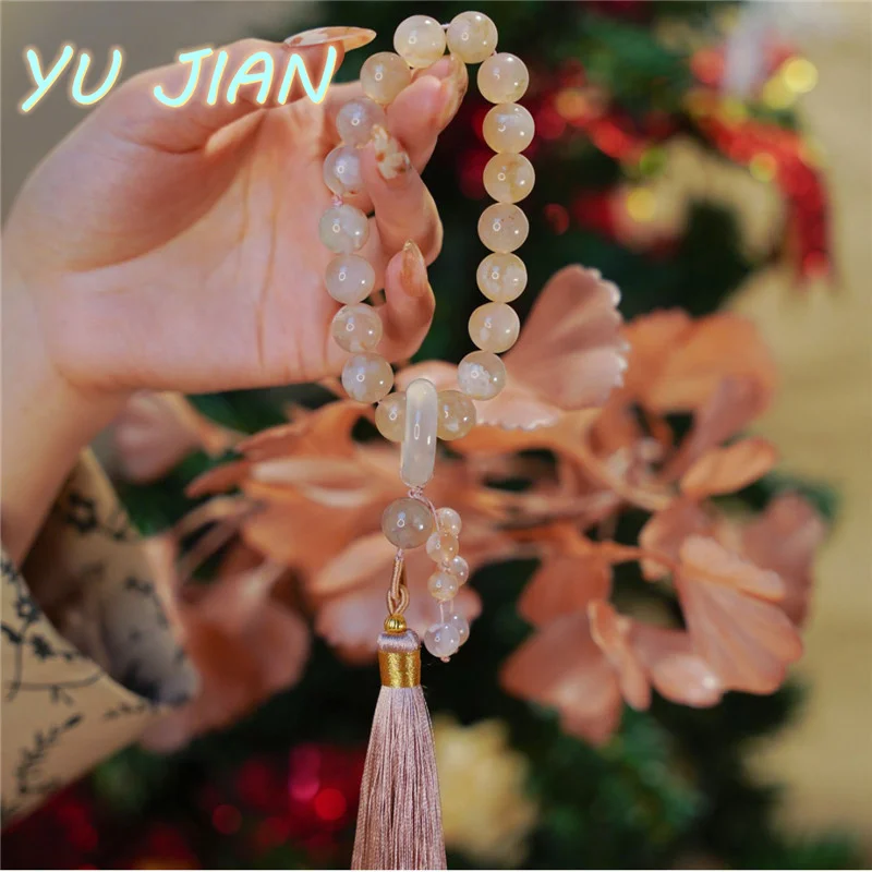 

Natural Cherry Blossom Agate Handheld Personalized Simple Eighteen Tassel Bracelet Beads Bangle Car Hanging Decoration Jewelry