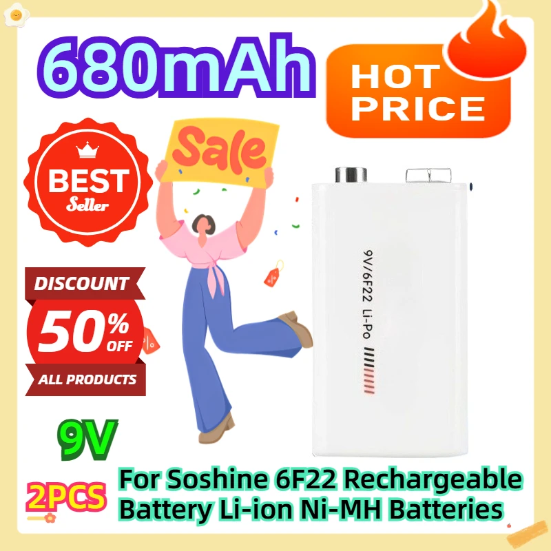 

For Soshine 6F22 Rechargeable Battery Li-ion Ni-MH Batteries 9V 680mAh 2pcs