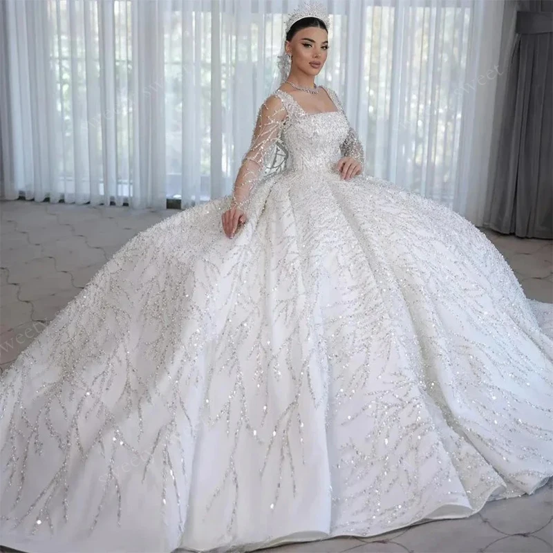 Luxuriöses Hochzeitskleid, vollständig mit Perlen besetzt, Ballkleid, volle Ärmel, quadratischer Kragen, individuelles Brautkleid, Schnürung, Vestido De Novia, Organza