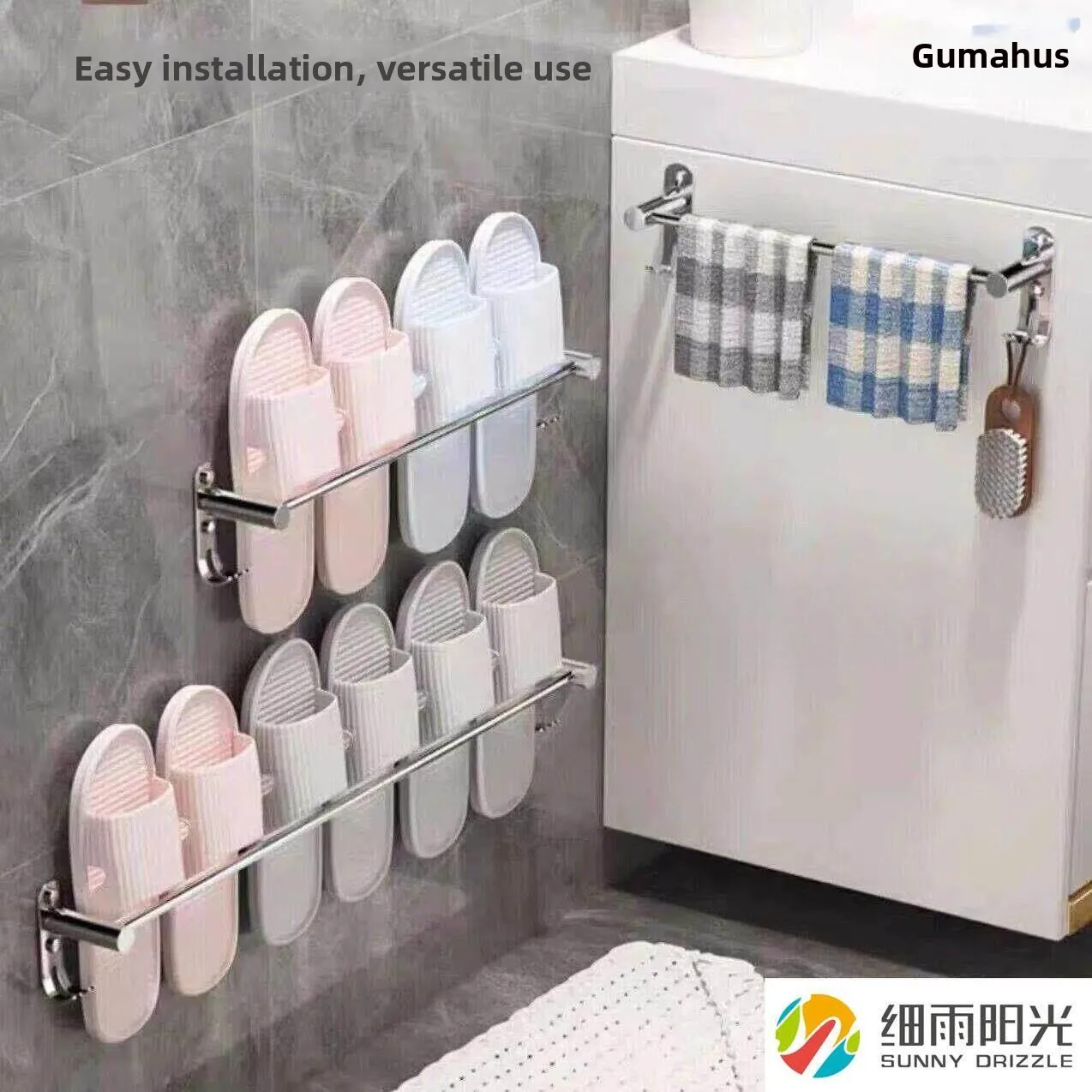 

Stainless Steel Shoe Rack Slipper Holder Punching Storage Shelf No Nail Adhesive Hanging Rod Home Organization Utility Shelf